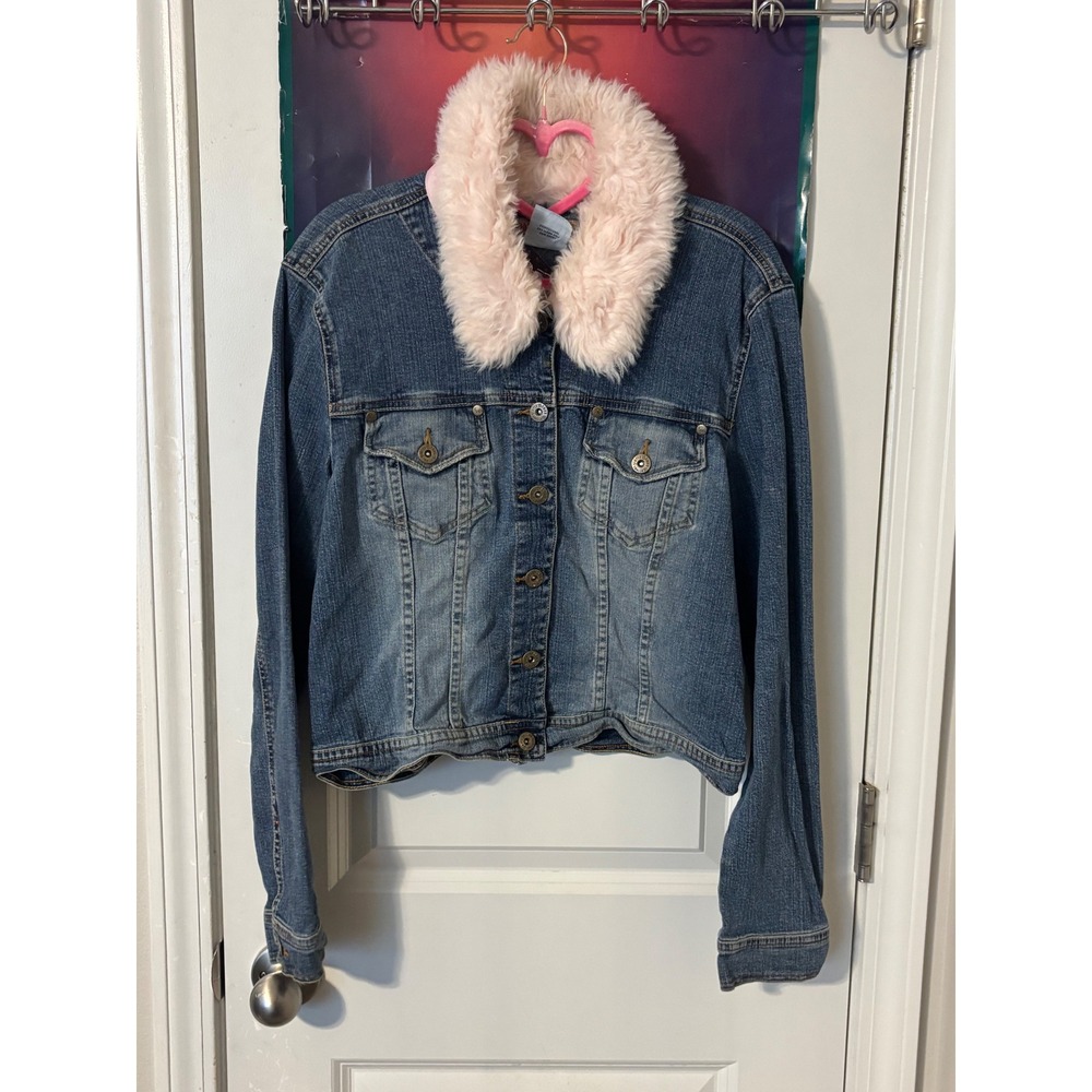 Paris Blues Denim Jacket Pink Faux Fur Collar Medium Wash Y2K Trucker Womens L